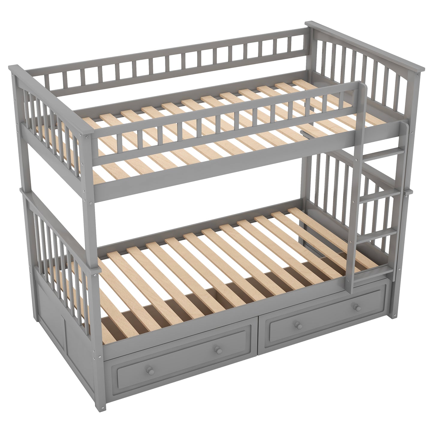 Gray Wood Convertible Bunk Bed with Twin-Over-Twin Beds and Drawers