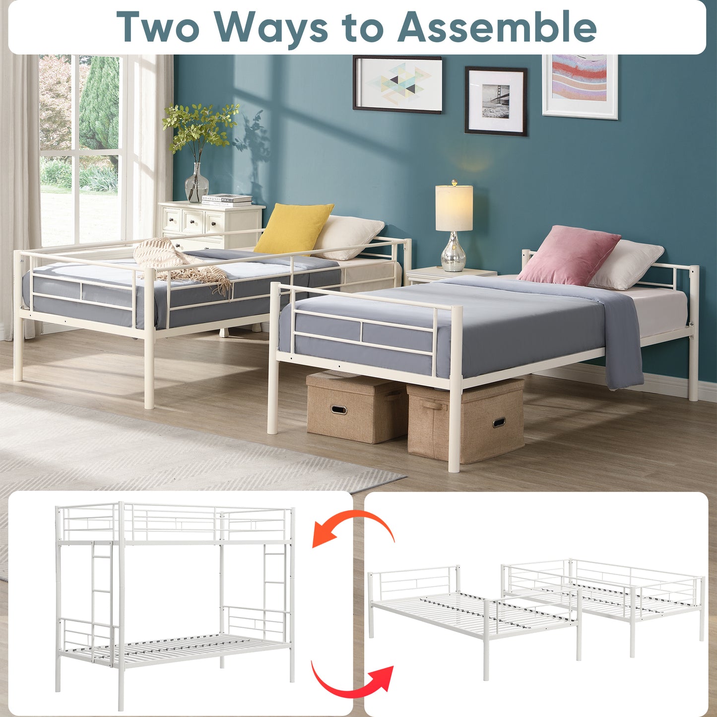 White Metal Convertible Twin Bunk Bed with Safety Guardrails and 2 Ladders