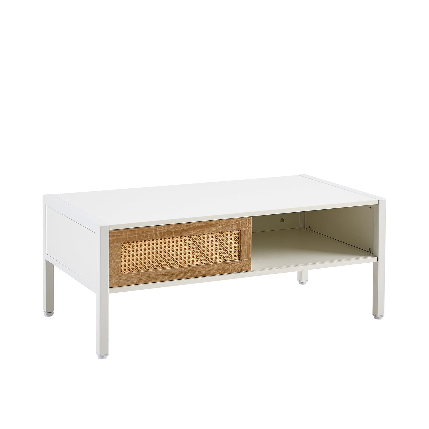 Modern White Rattan Coffee Table with Sliding Door Storage