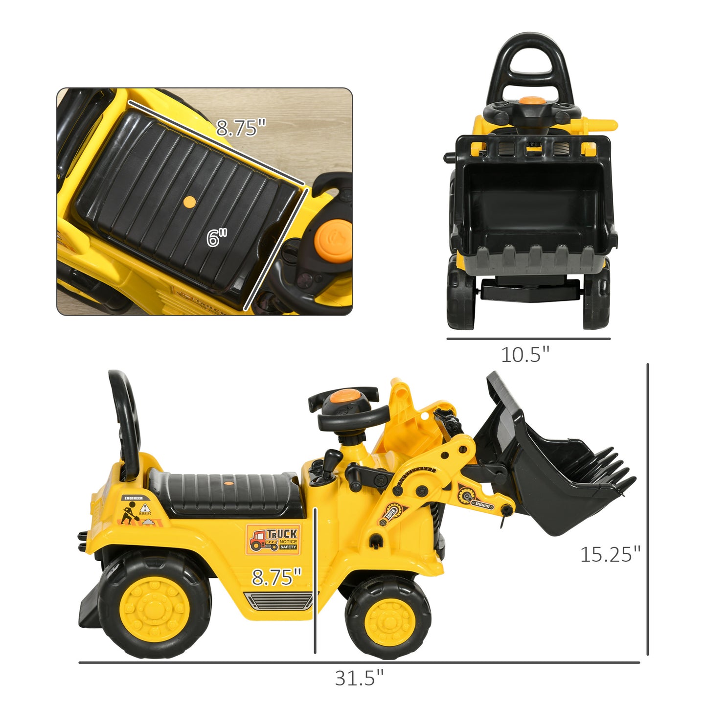 Ride On Excavator with Under Seat Storage, Pull Cart Kids Bulldozer for Boys & Girls, Sit and Scoot Construction Toy with Horn, Front Loader Shovel, for Sand and Snow, Ages 3 Years Old