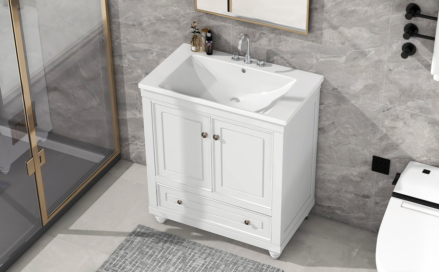 30" Bathroom Vanity with Sink, Combo, Cabinet with Doors and Drawer, Solid Frame and MDF Board, White