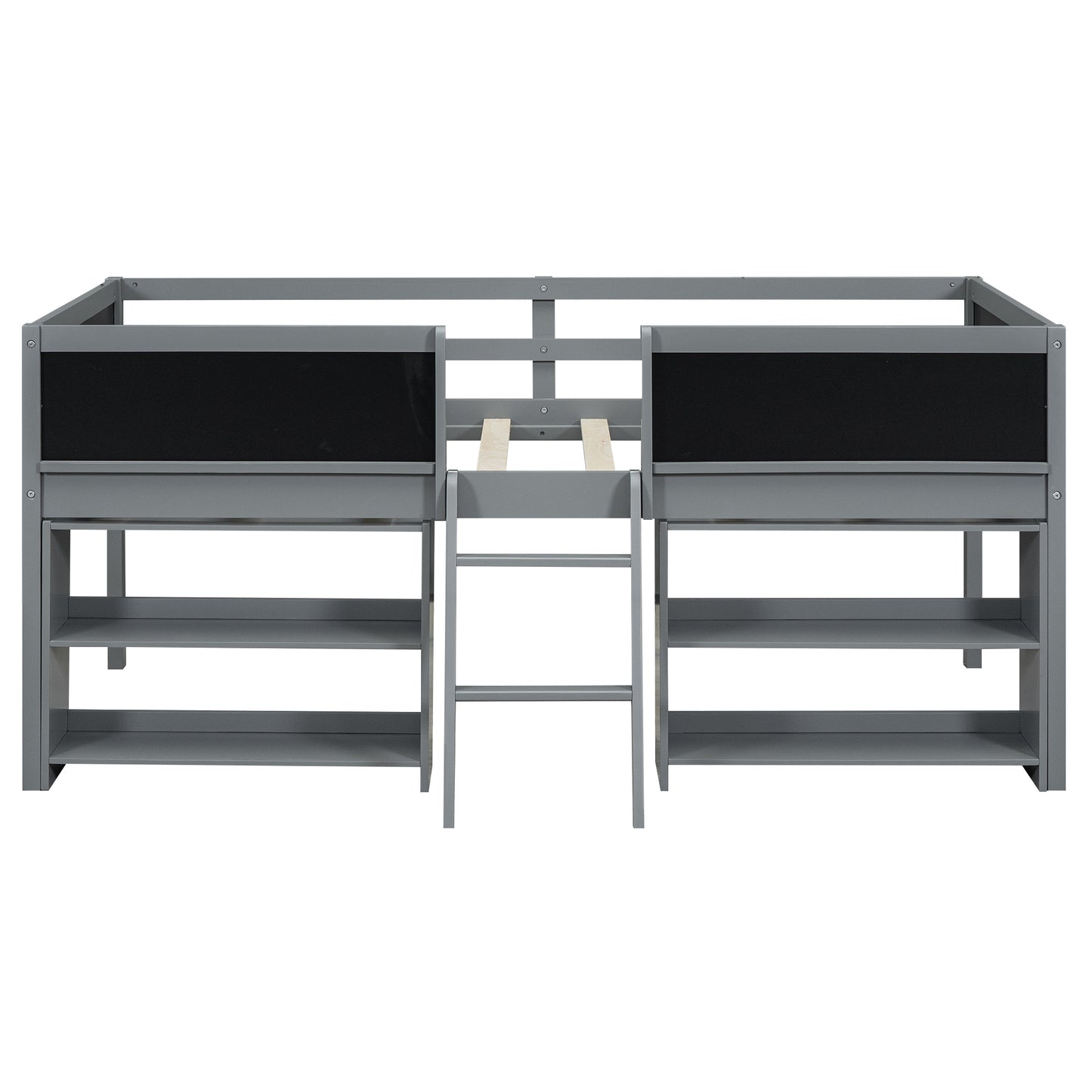 Twin Size Low Loft Bed with Two Movable Shelves and Ladder,with Decorative Guardrail Chalkboard,Gray(: WF283286AAE)