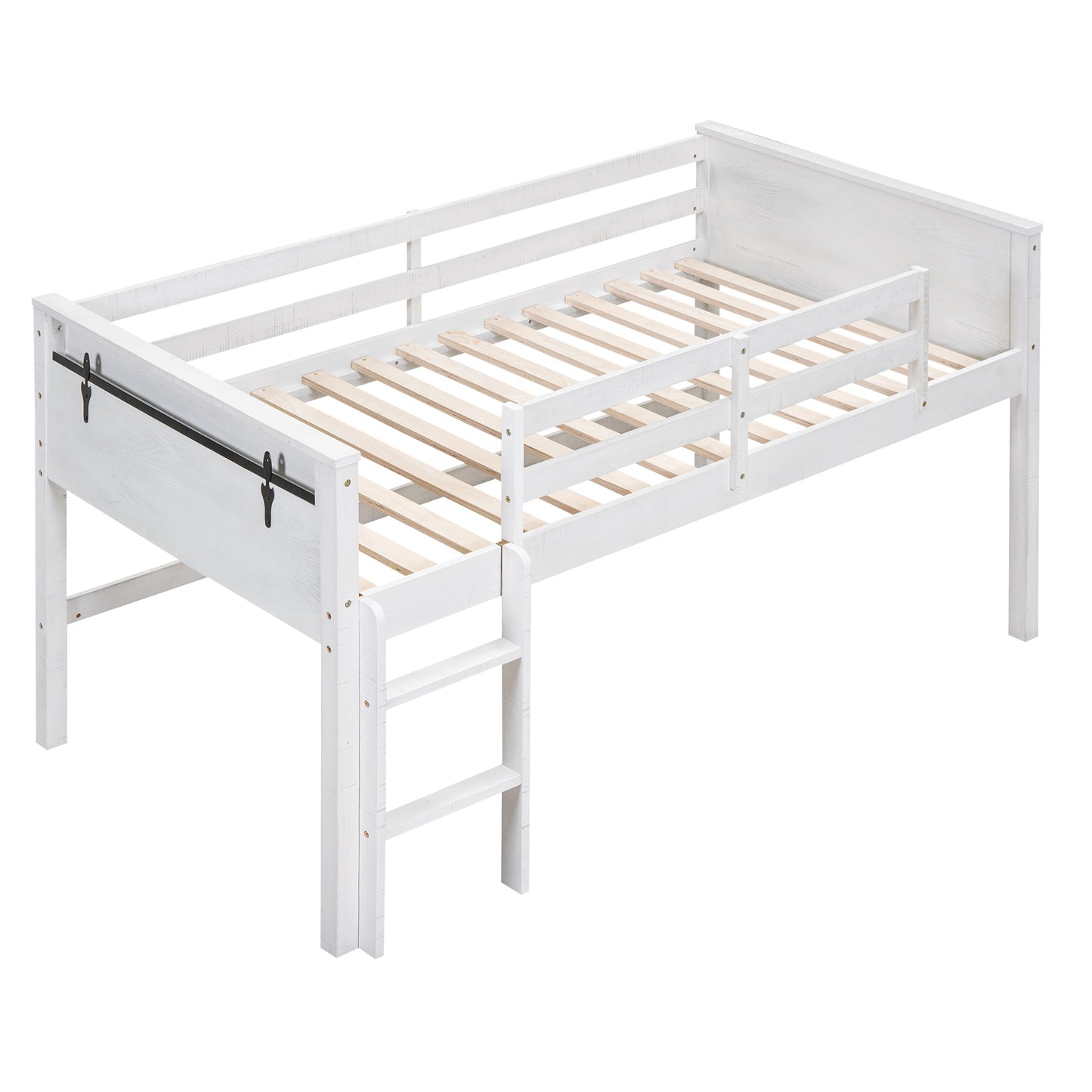 Wood Twin Size Loft Bed with Hanging Clothes Racks, White