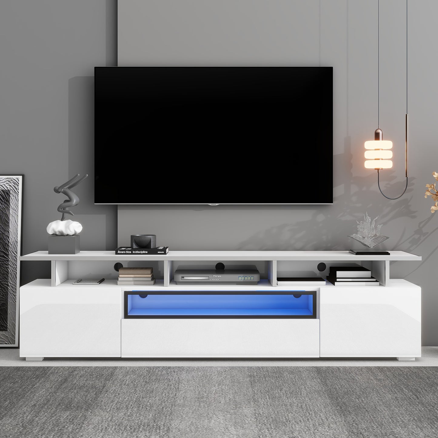 White Modern TV Stand with LED Color Changing Lights and Acrylic Board for TVs Up to 80