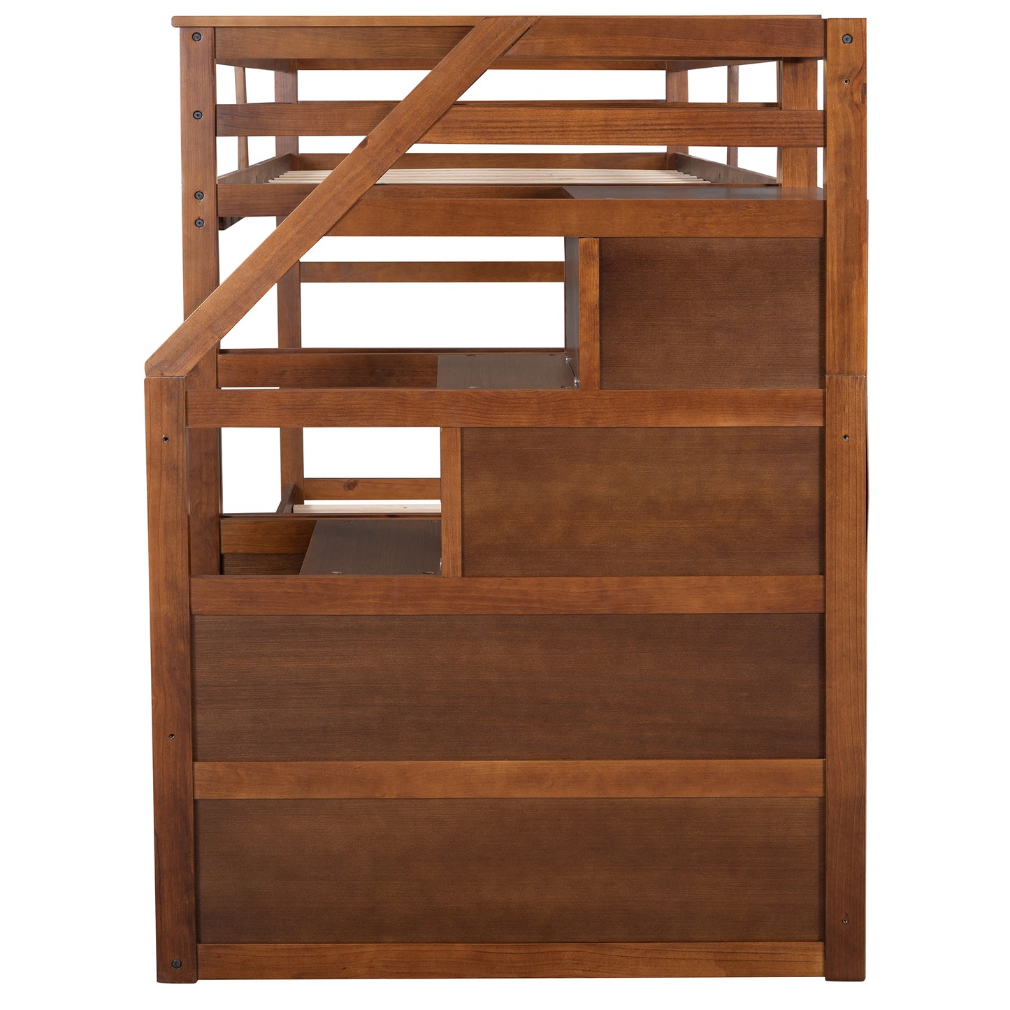 Elegant Walnut Finish Twin Bunk Bed with Trundle, Stairs, and Storage