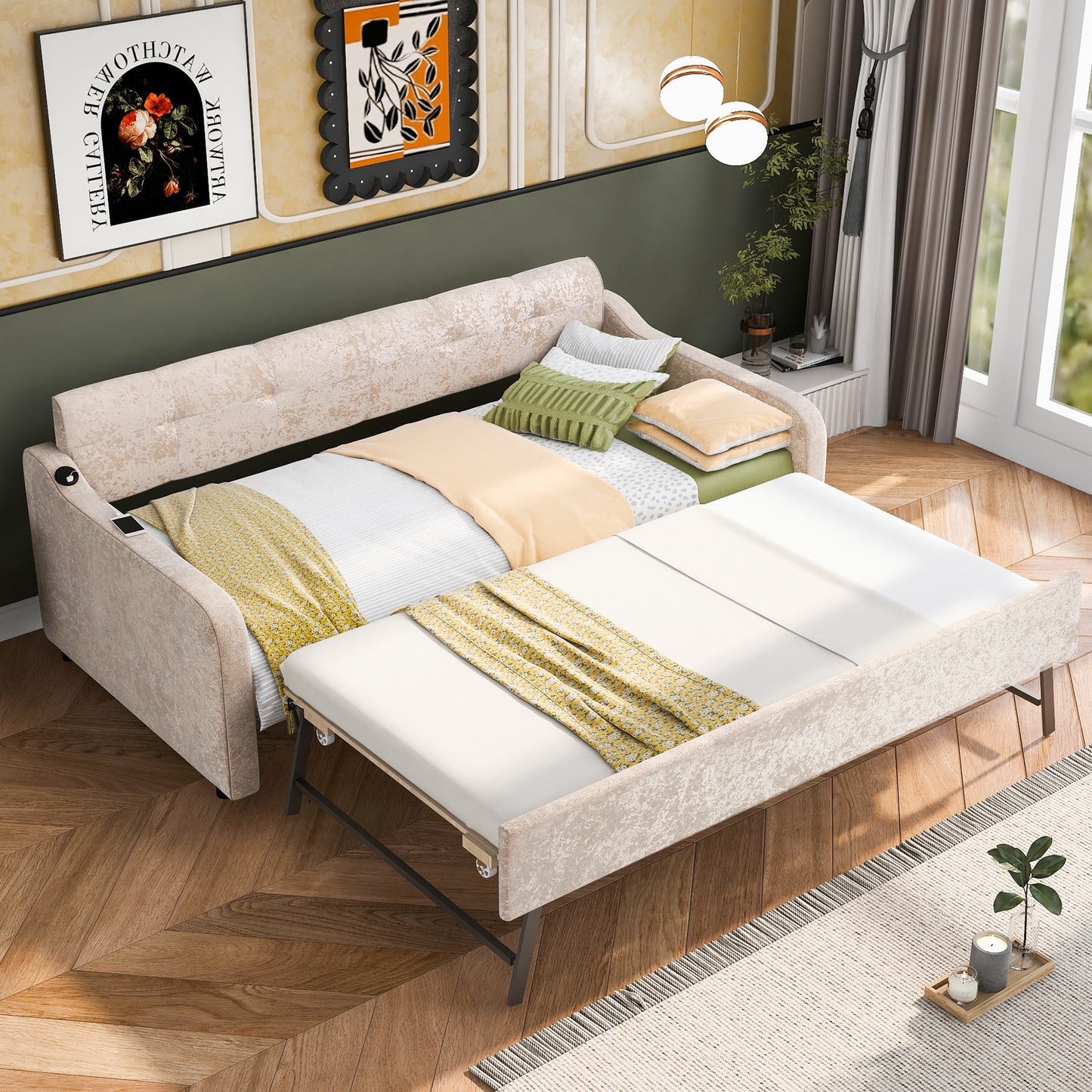 Twin Size Snowflake Velvet Daybed with Trundle and USB Charging Design,Beige