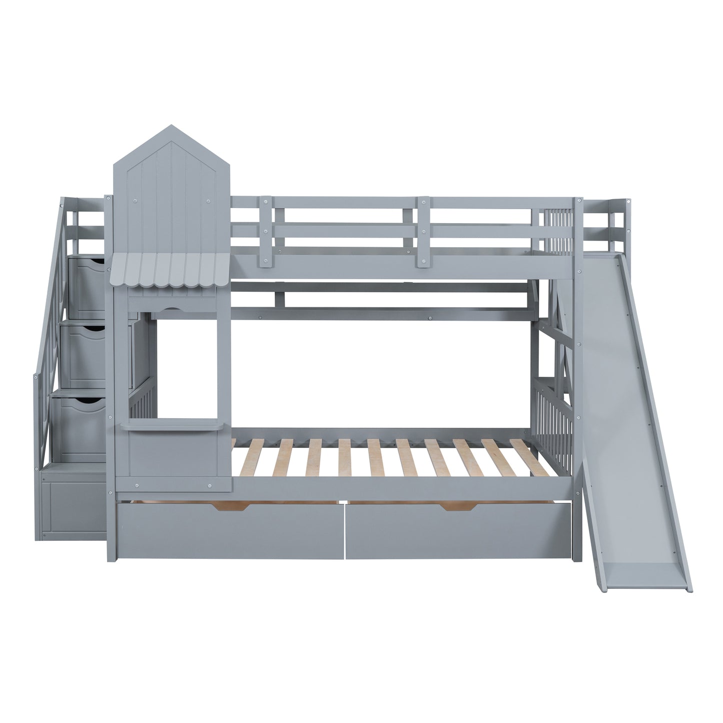 Castle Loft Bunk Bed with Slide, Drawers, and Shelves - Gray: Magical Castle Style Loft Bed with Slide, Drawers, and Shelves