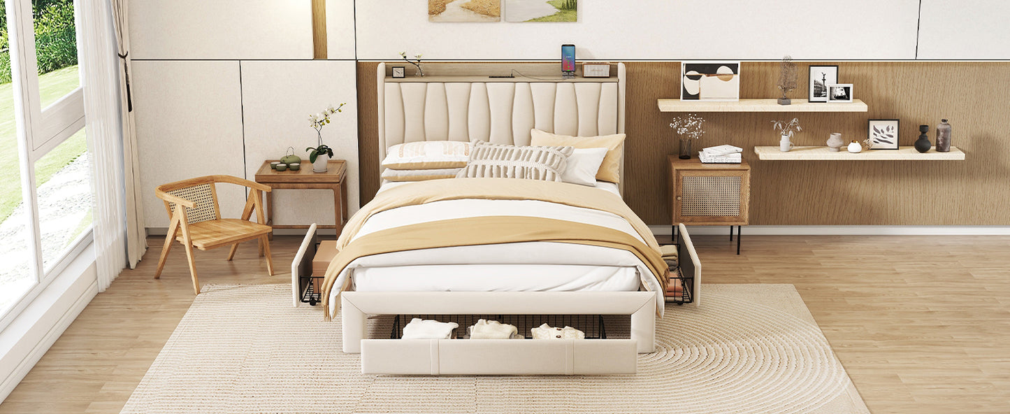 Queen Size Bed Frame with Storage Headboard and Charging Station, Upholstered Platform Bed with 3 Drawers, No Box Spring Needed, Beige