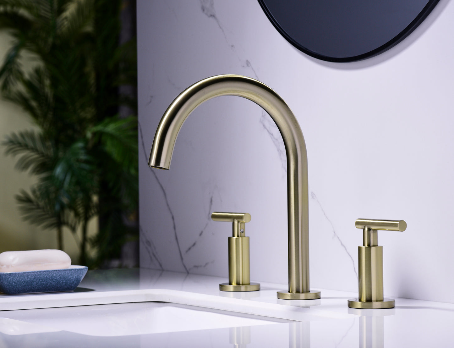 Gold High Arc 3-Hole Widespread Bathroom Sink Faucet with Rotatable Spout