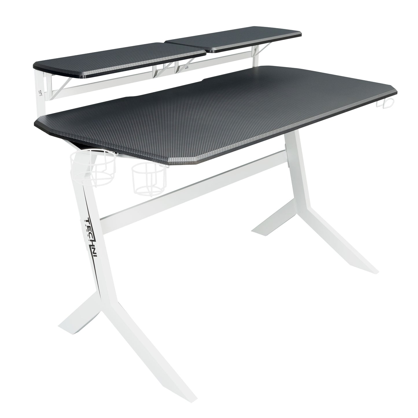 Tech-inspired White Stryker Gaming Desk with Dual Monitor Shelves, White