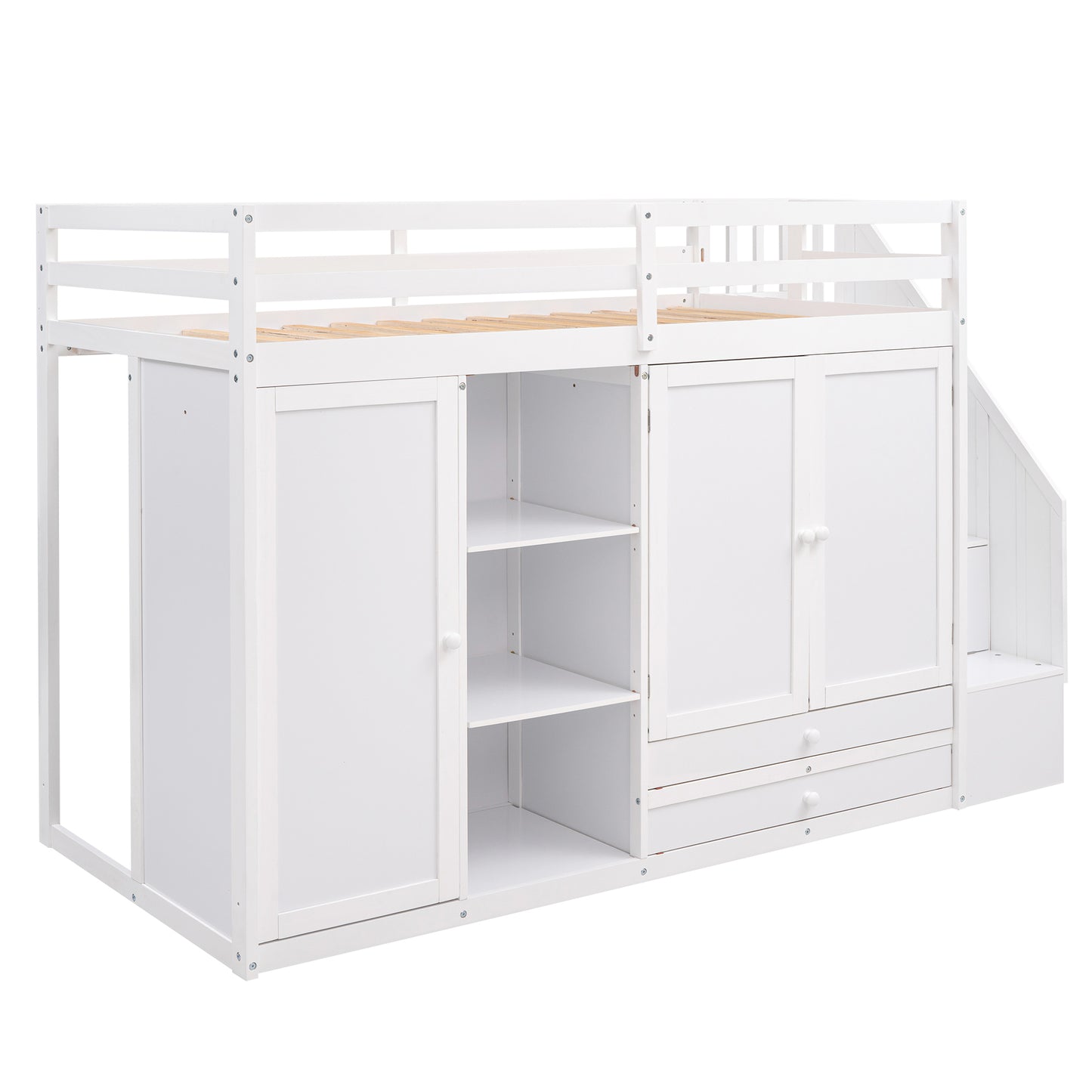 Functional Loft Bed with 3 Shelves, 2 Wardrobes and 2 Drawers,  Ladder with Storage, No Box Spring Needed, White