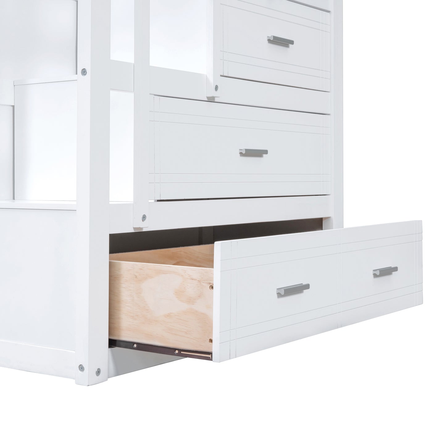 White Twin Over Twin Bunk Bed with Trundle, Staircase, and Storage Drawers