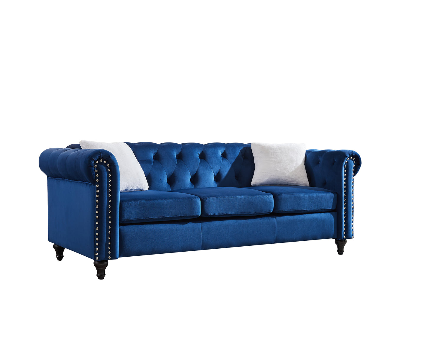 Blue Velvet 3 Piece Living Room Sofa Set with Button Tufting and Copper Nail Accents