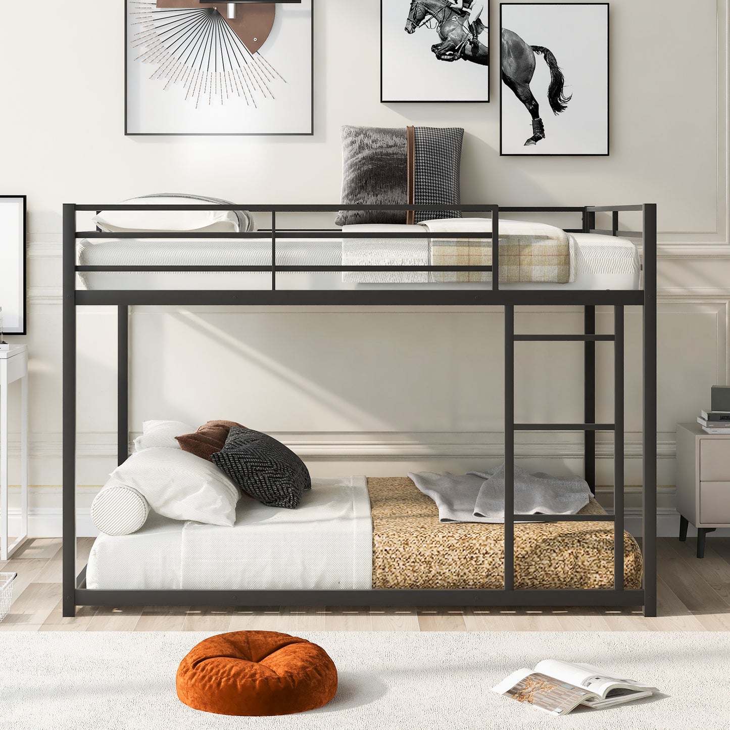 Modern Black Metal Bunk Bed with Full over Full Design