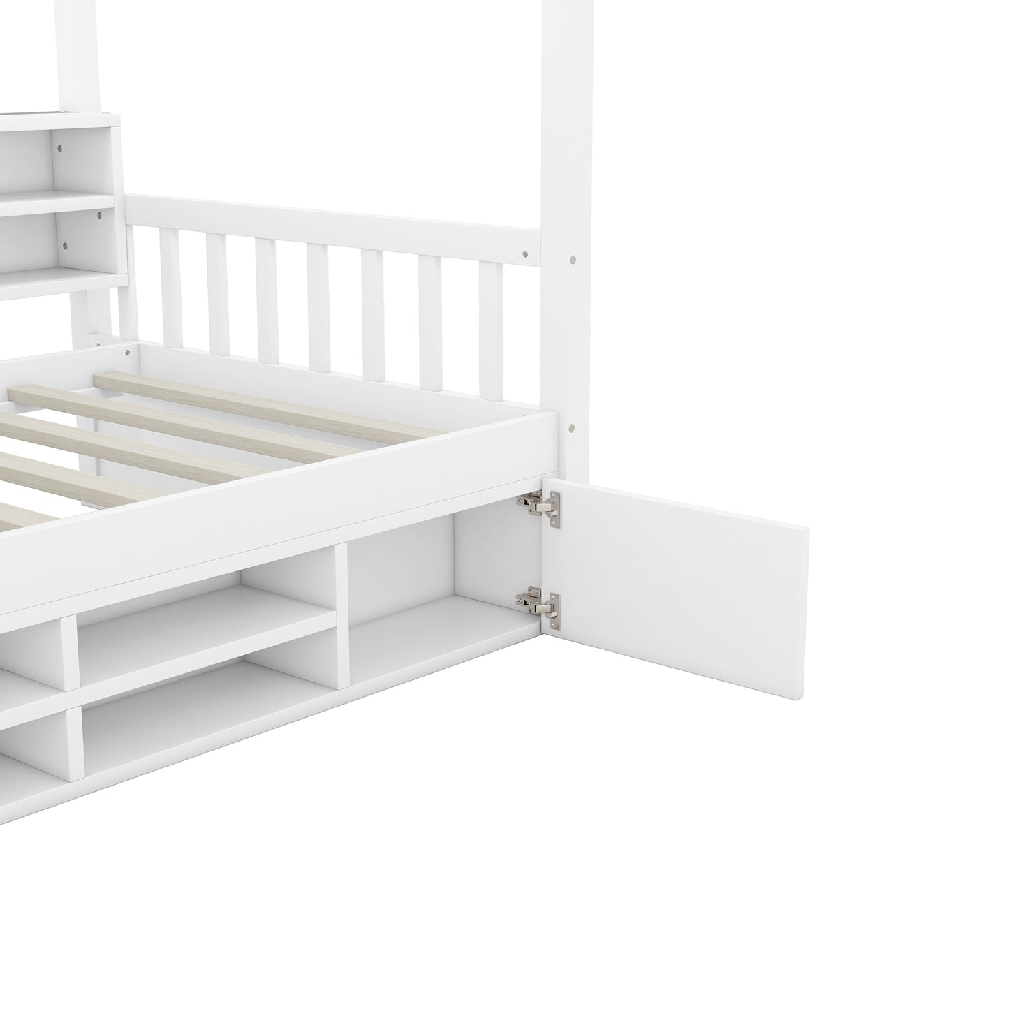 Twin Size Wooden House Bed with Shelves and a Mini-cabinet, White