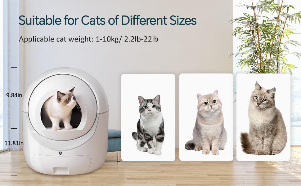 Upgraded HMI system, self-cleaning litter box for multiple cats, automatic dumping, suitable for all kinds of cat litter, safe, deodorizing, APP control, support 2.4G WiFi.