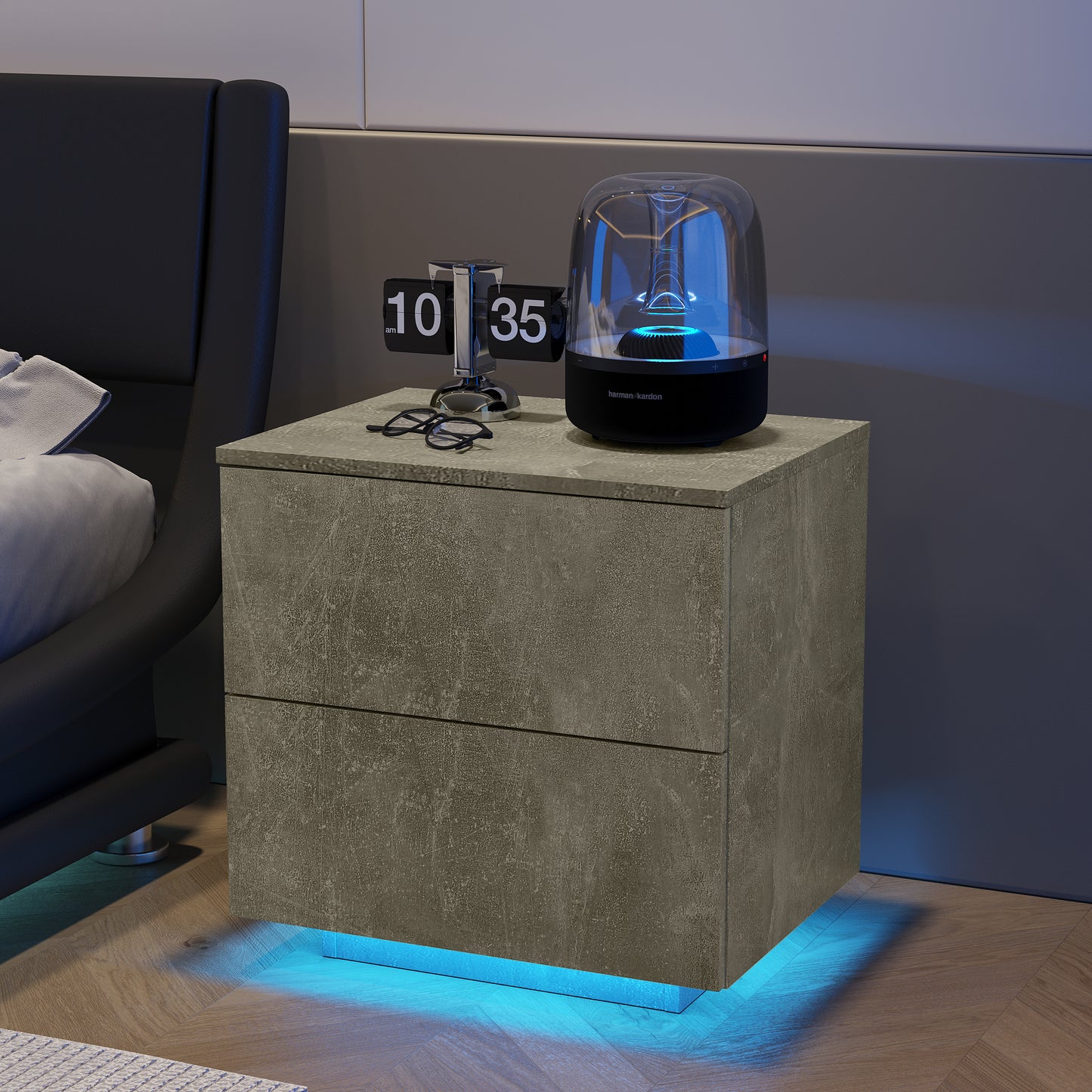 Nightstand with LED Strip Lights, Modern Bed Side Table with 2 Drawers, End Table for Living Room, Bedroom, Hallway, Grey