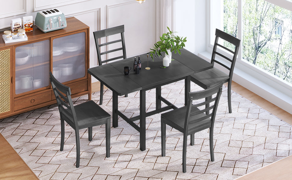 5-Piece Wood Square Drop Leaf Breakfast Nook Extendable Dining Table Set with 4 Ladder Back Chairs for Small Places, Gray