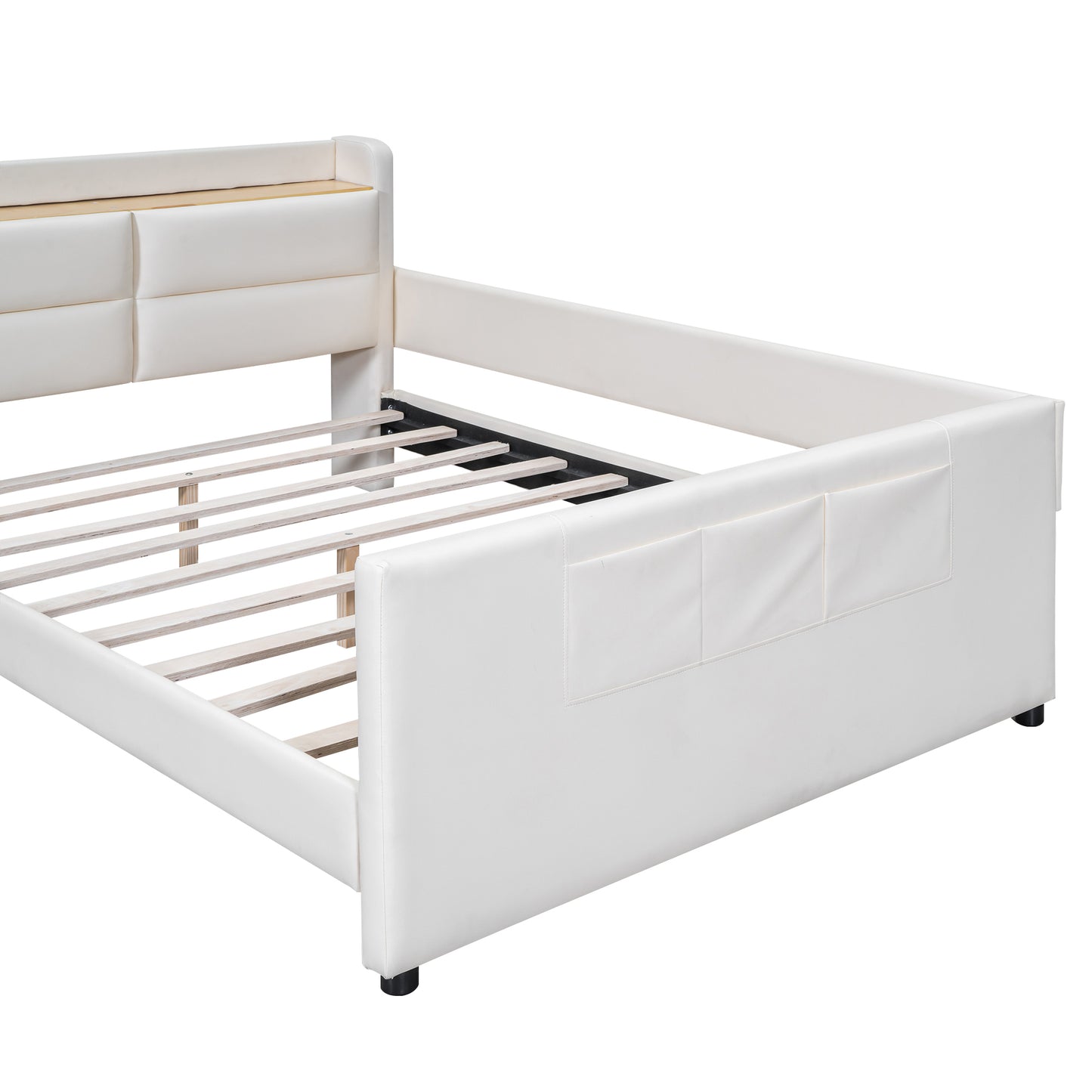 Full Size Upholstered Platform Bed with Guardrail, Storage Headboard and Footboard, Beige