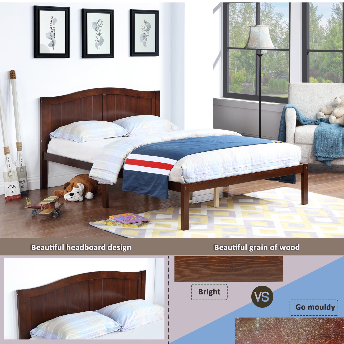 Full Size Bed, Wood Platform Bed Frame with Headboard For Kids, Slatted, Dark Walnut