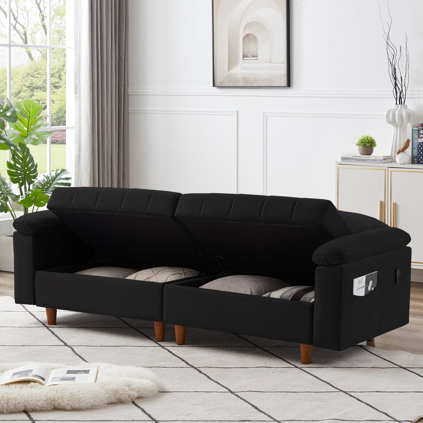 Convertible Comfortable Sleeper Velvet Sofa Couch with Storage for Living Room Bedroom Futon loveseat Sofabed  Black