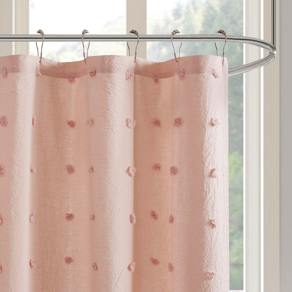 Soft Pink Pom Pom Jacquard Shower Curtain from Brooklyn Cotton