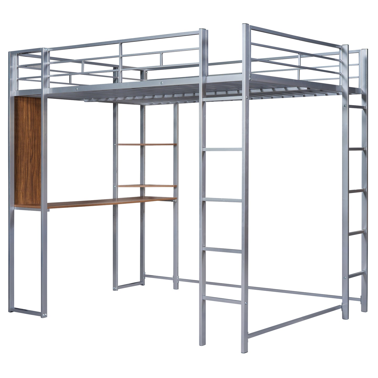 Full Size Metal Loft Bed with 2 Shelves and one Desk ,Silver