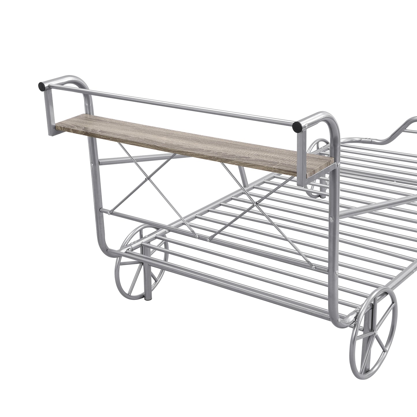 Twin Size Metal Car Bed with Four Wheels, Guardrails and  X-Shaped Frame Shelf, Silver(: MF297599AAN)