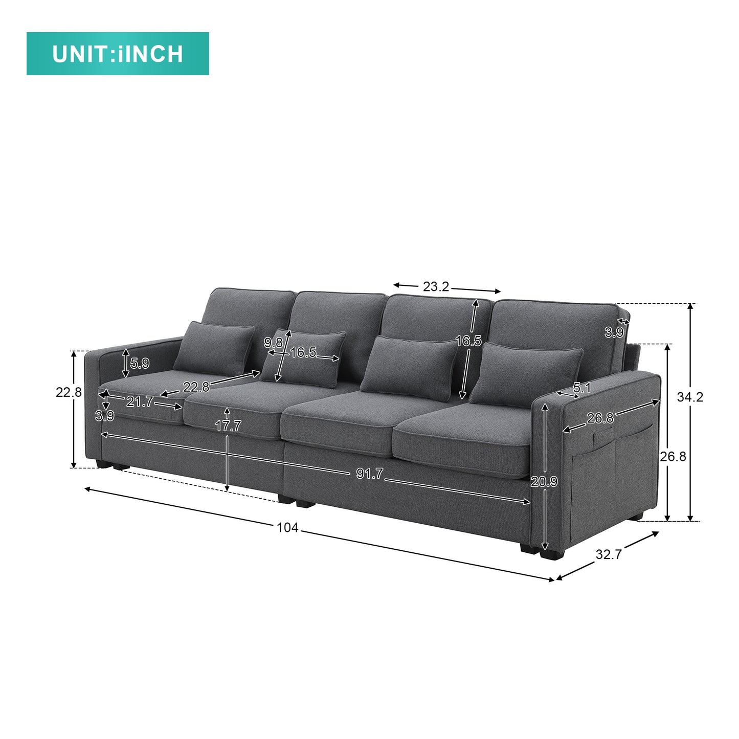 Contemporary 104 4-Seater Linen Fabric Sofa with Armrest Pockets and 4 Pillows, Ideal for Living Room, Apartment, Office, Available in 3 Colors