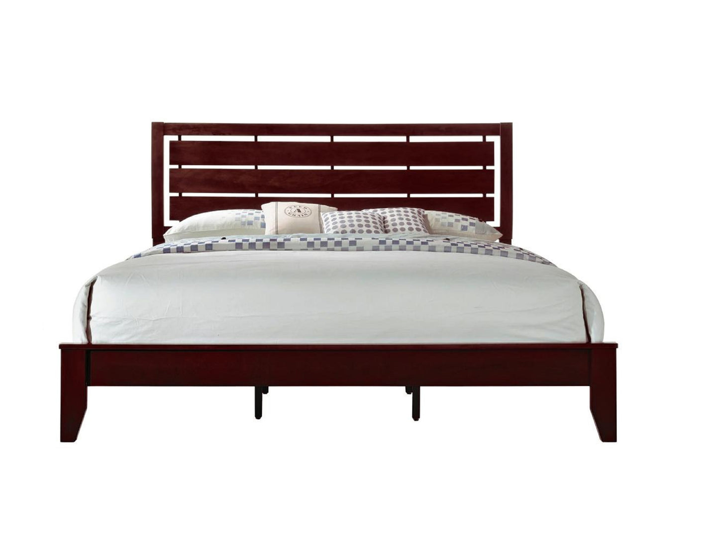 1pc Queen Size Brown Cherry Finish Panel Bed Geometric Design Frame Softly Curved Headboard Wooden Bedroom Furniture