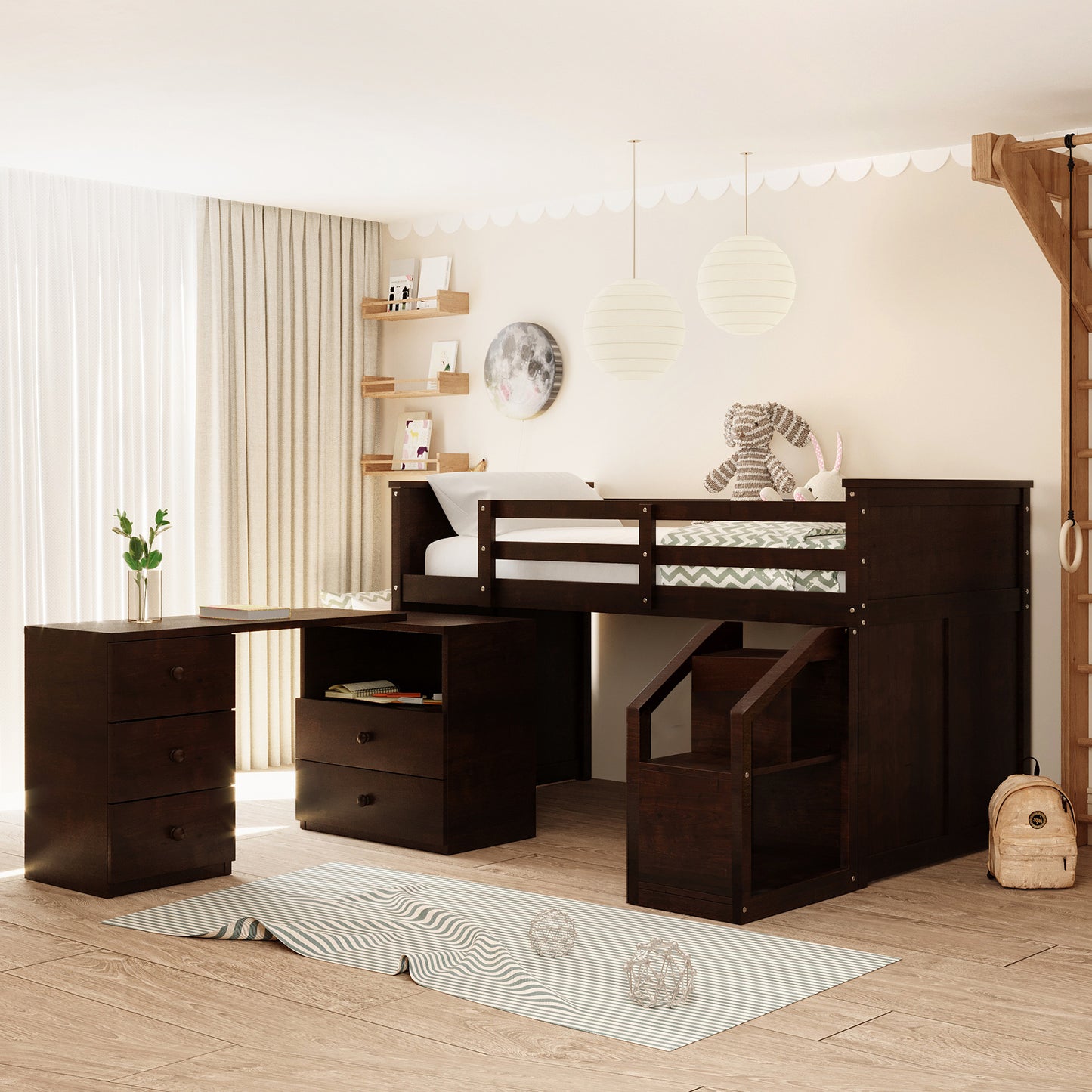 Loft Bed Low Study Twin Size Loft Bed With Storage Steps and Portable,Desk,Espresso(: LT000101AAP)