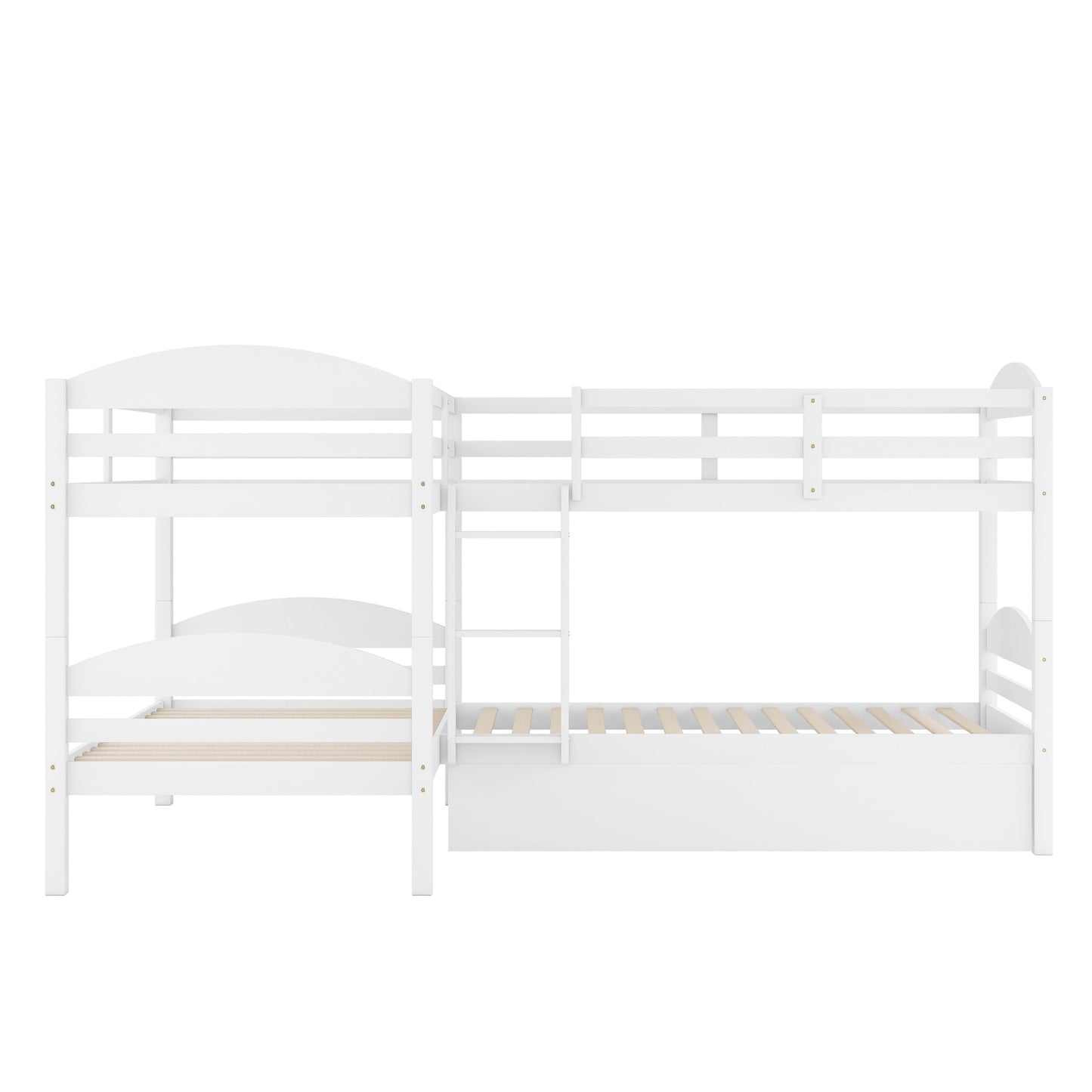 L-Shaped Bunk Bed with Trundle and Three Twin Size Beds