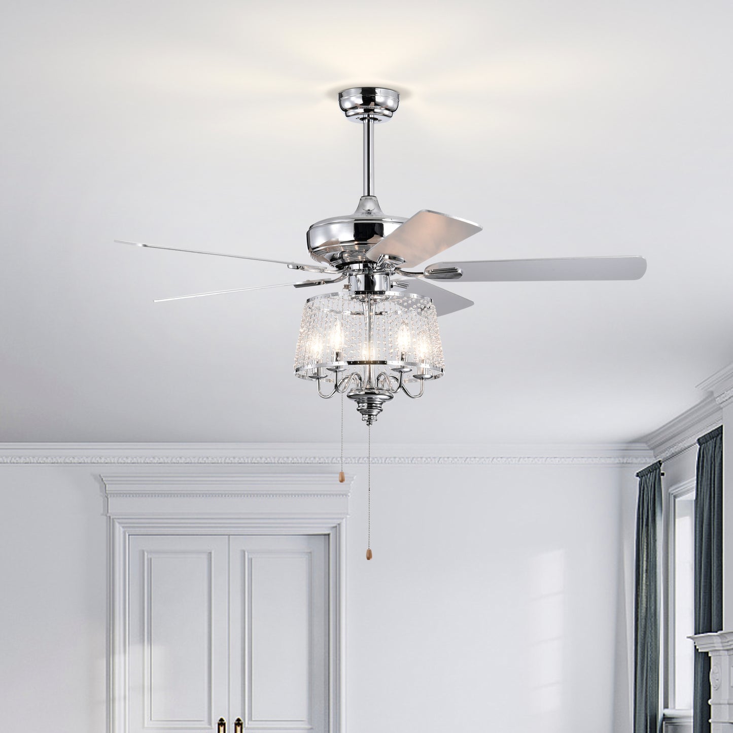 52 inch Crystal Ceiling Fan with Reversible Wood Blades and Noiseless AC Motor (Chrome)