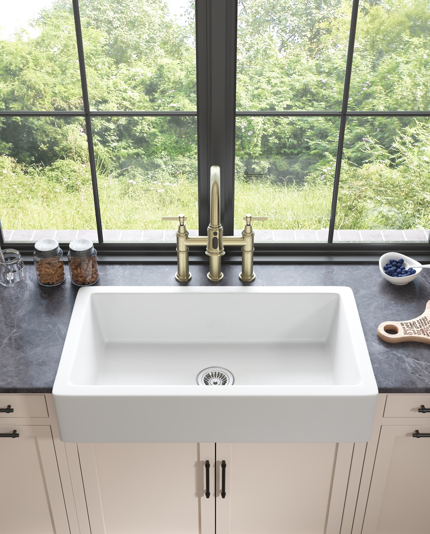 Farmhouse White Ceramic Kitchen Sink with Deep Bowls