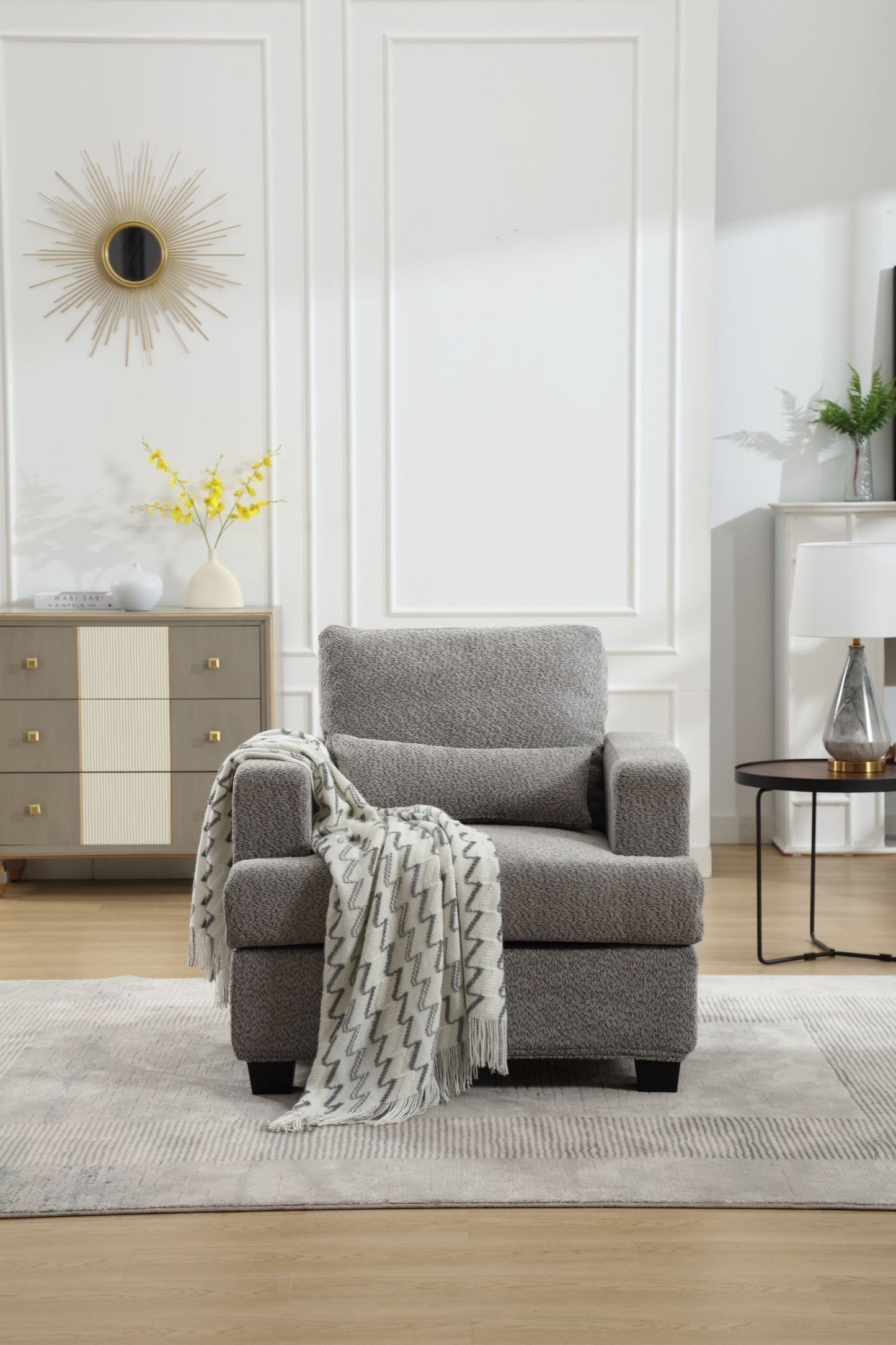 Elegant White and Gray Modern Chair for Living Room or Sofas, with Square Armrest and Removable Back Cushion