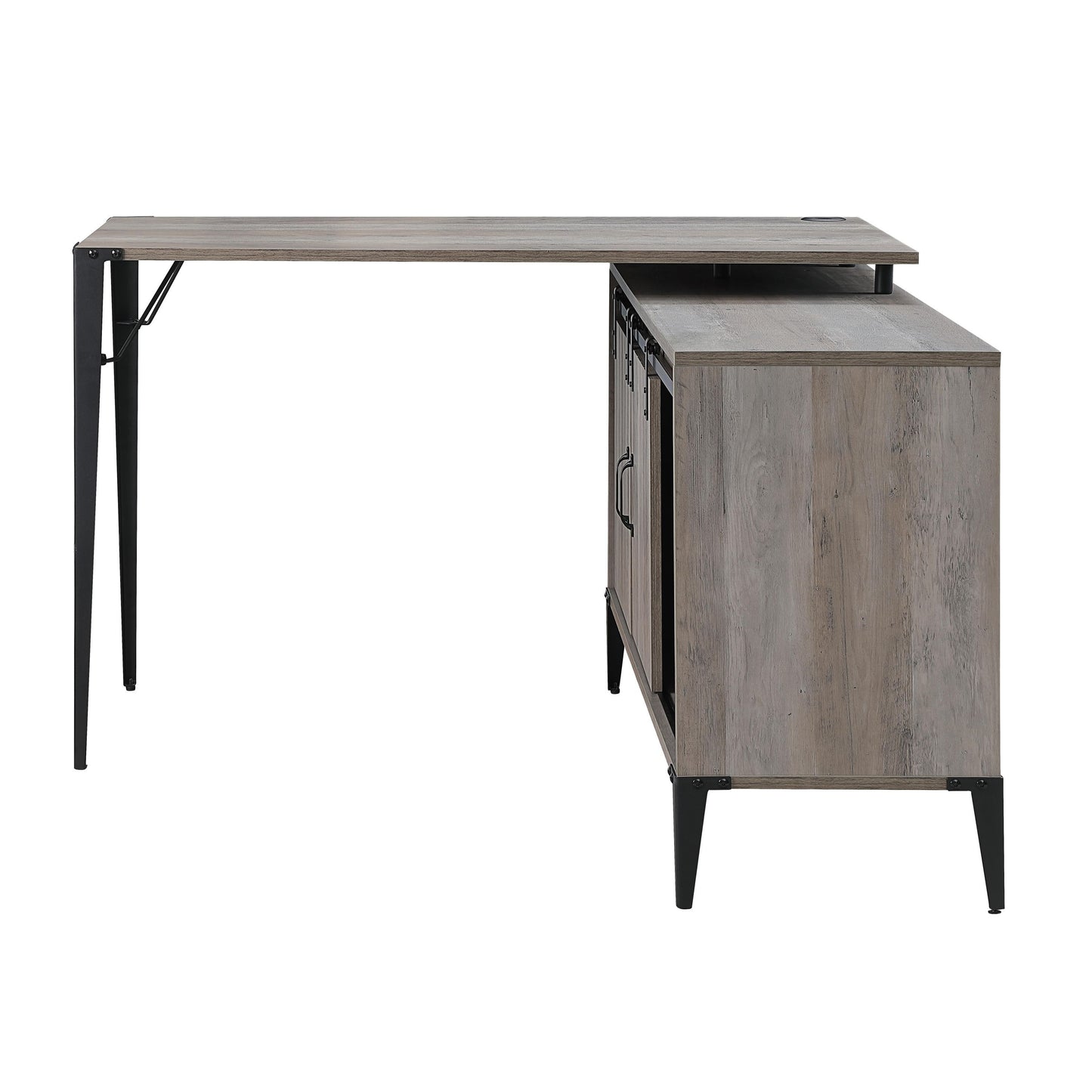 Zakwani L-Shaped Industrial Writing Desk with Storage Cabinet in Gray Oak & Black Finish