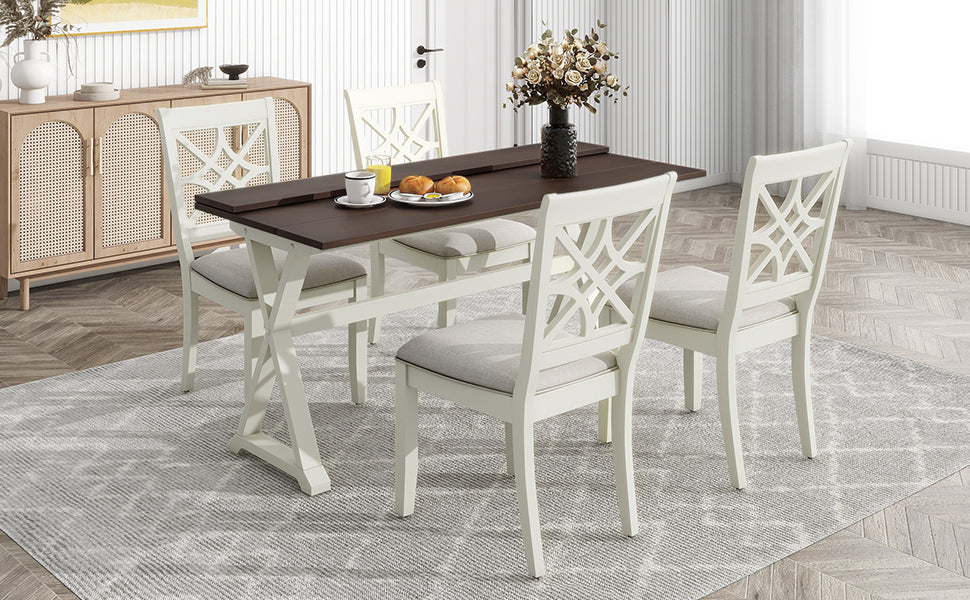 5-Piece 62*35.2inch Extendable Rubber Wood Dining Table Set with X-shape Legs,Console Table with Two 8.8Inch-Wide Flip Lids and Upholstered Dining Chairs ,Beige