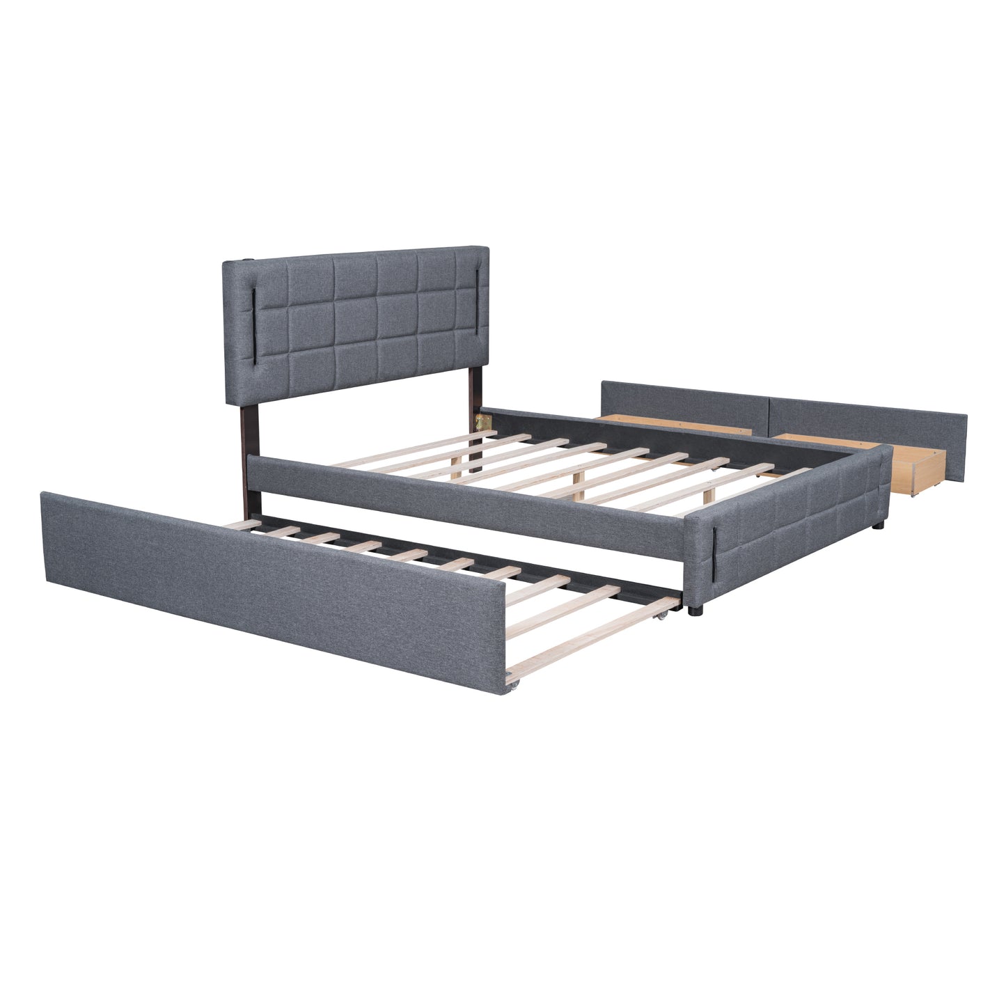 Queen Size Upholstered Platform Bed with Trundle and Drawers, Gray