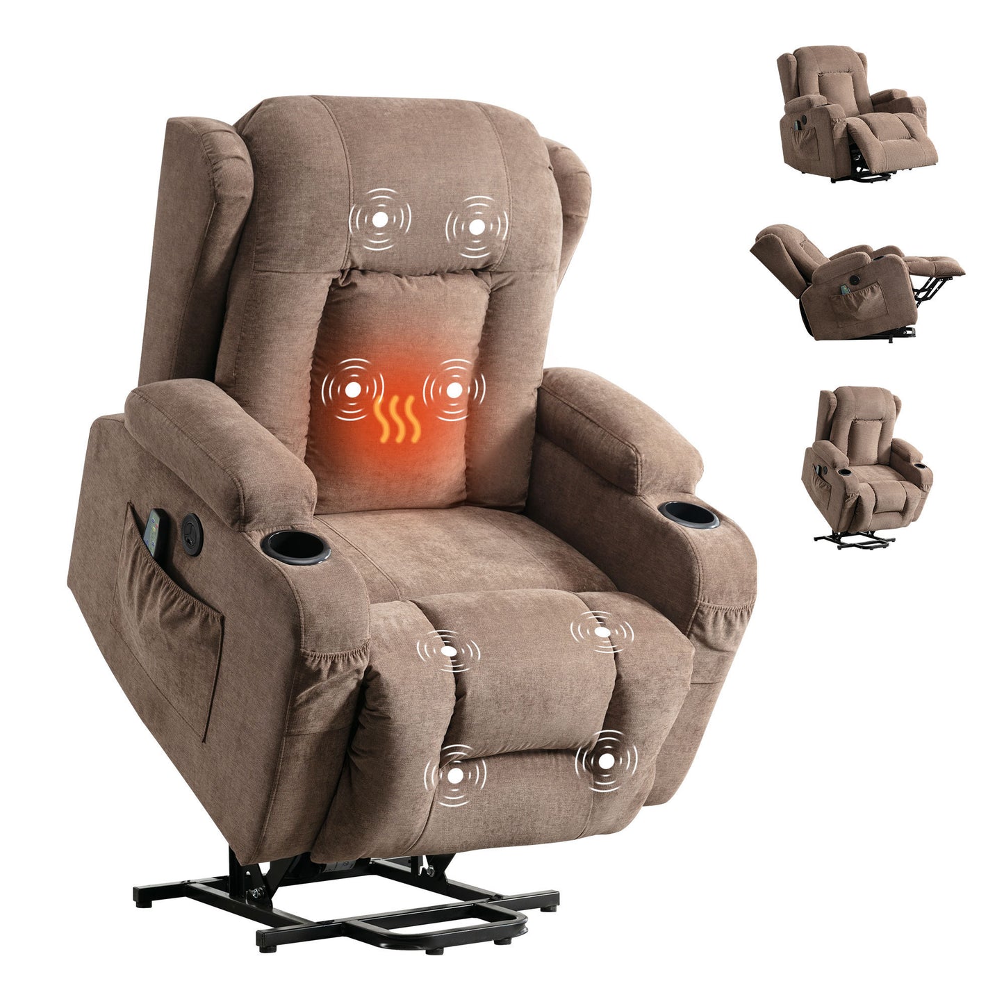 Electric Power Lift Recliner Chair with Heat and Massage for Seniors - Brown