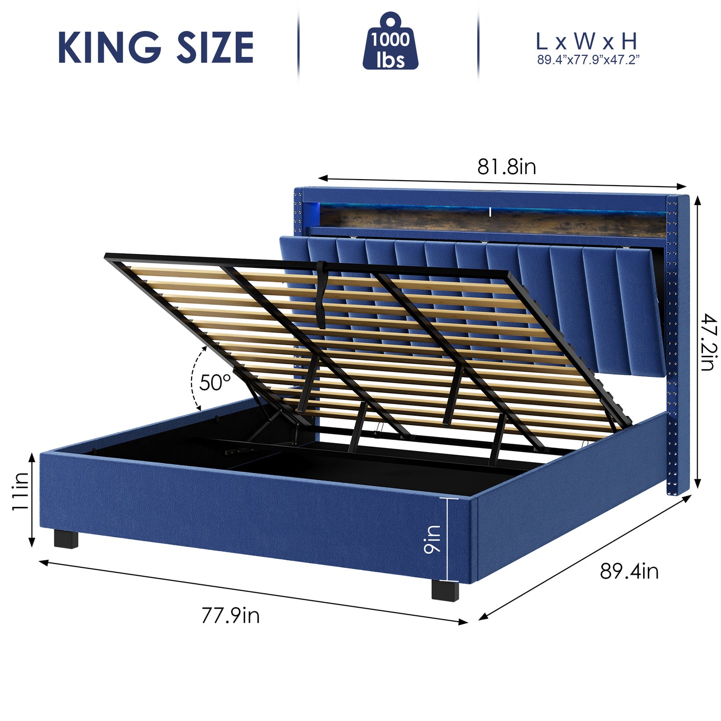 Luxury Gas Lift Storage Bed with RF LED Lights, Storage Headboard ,King Size ,Velvet Blue