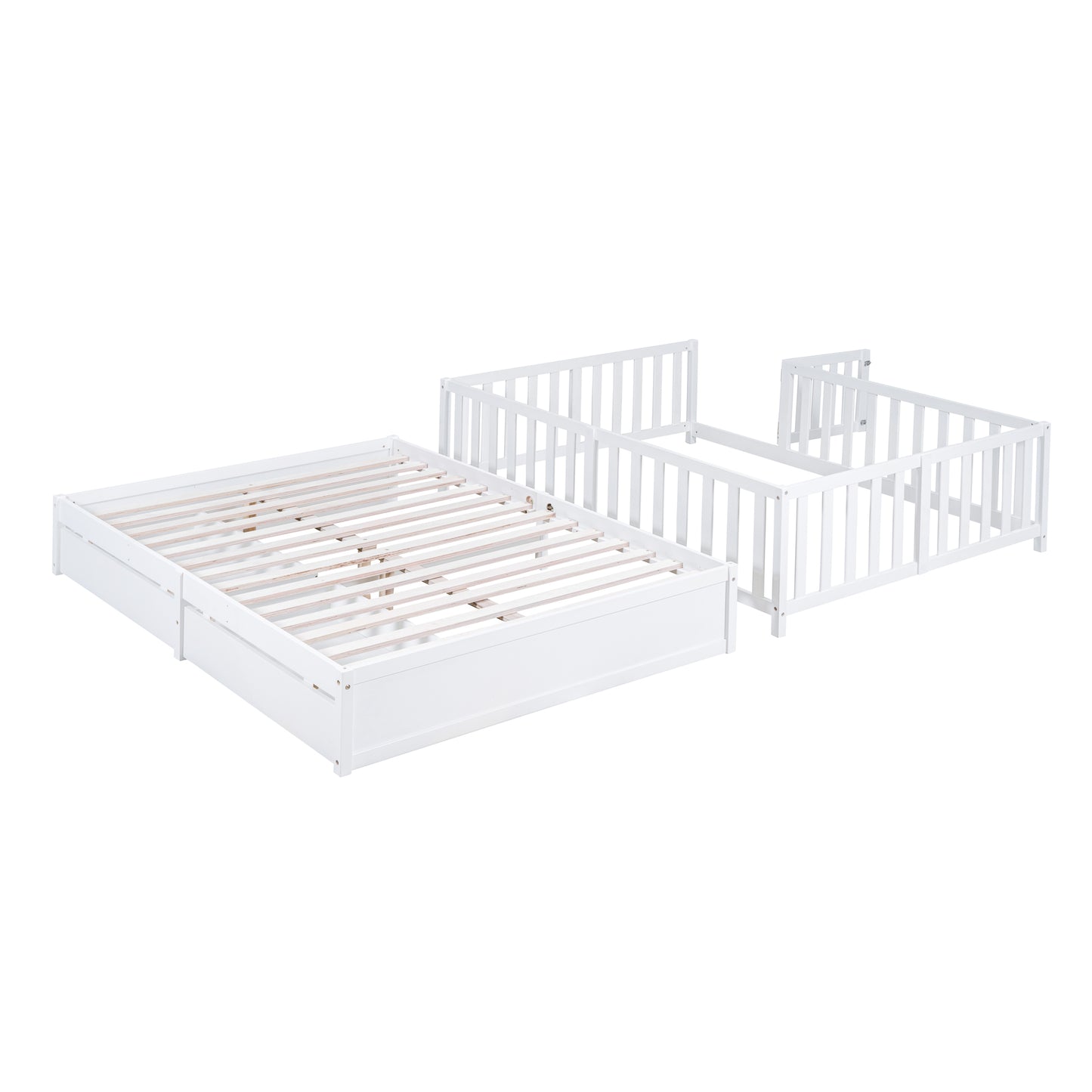 Full Size Wood Daybed with Fence Guardrails and 2 Drawers, Split into Independent Floor Bed & Daybed, White