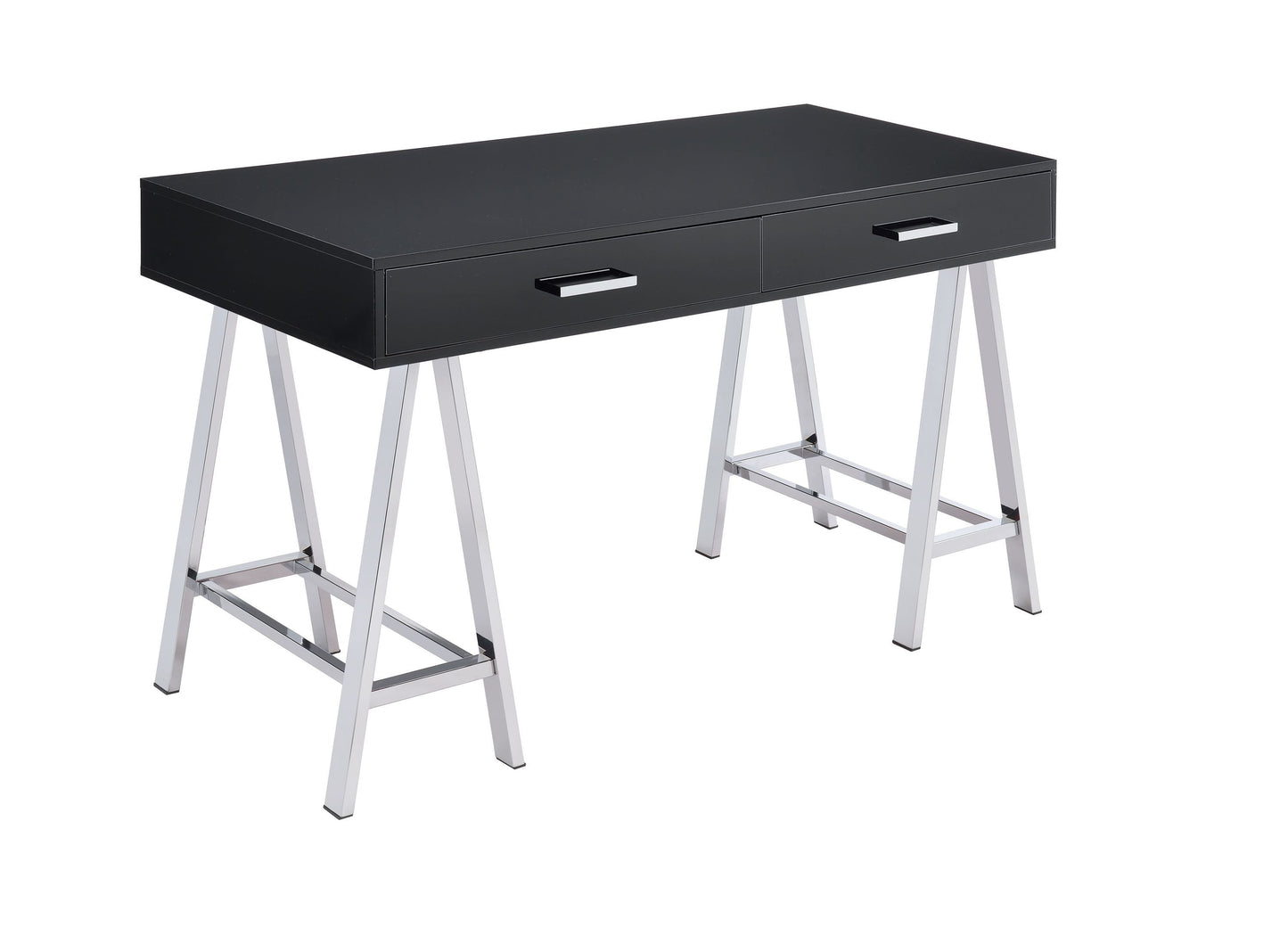 Coleen Modern Writing Desk with Black High Gloss Finish and Chrome Sawhorse Legs