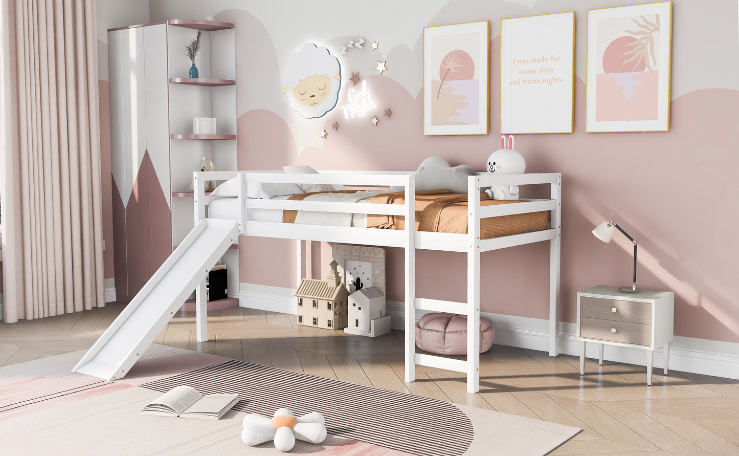 Loft Bed with Slide, Multifunctional Design, Twin (White)(: WF191904AAK)