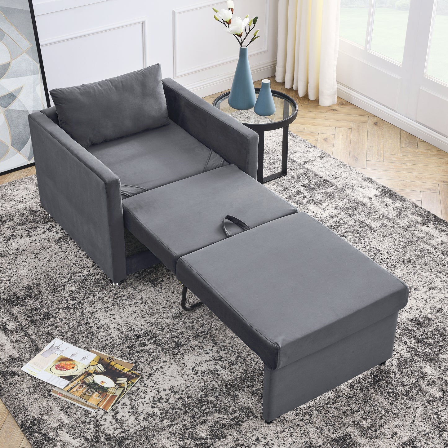 Sofa Bed Chair 2-in-1 Convertible Chair Bed, Lounger Sleeper Chair for Small Space with One Pillow, Grey Velvet