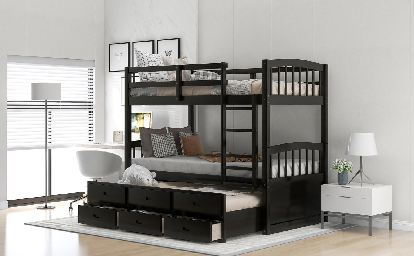 Espresso Twin Wood Bunk Bed with Trundle, Drawers, and Staircase