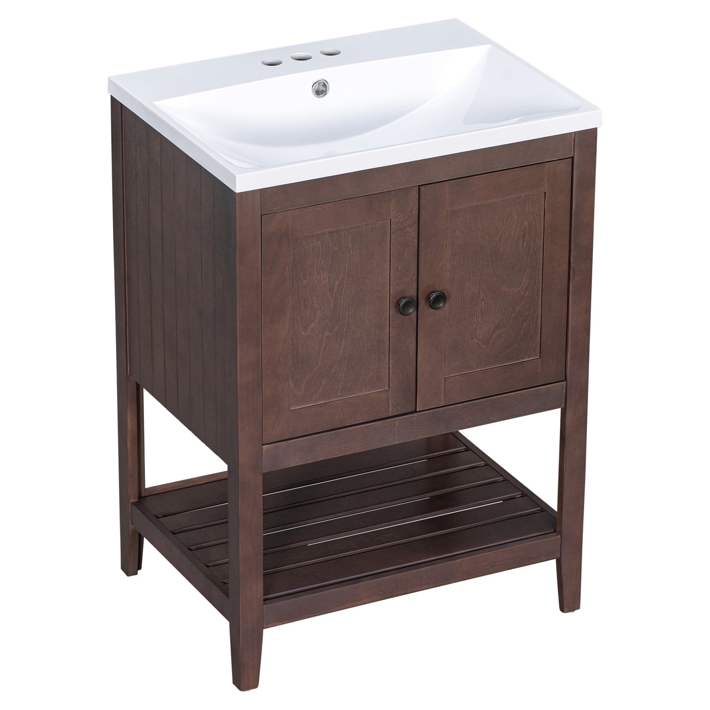 24" Brown Modern Sleek Bathroom Vanity Elegant Ceramic Sink with Solid Wood Frame Open Style Shelf