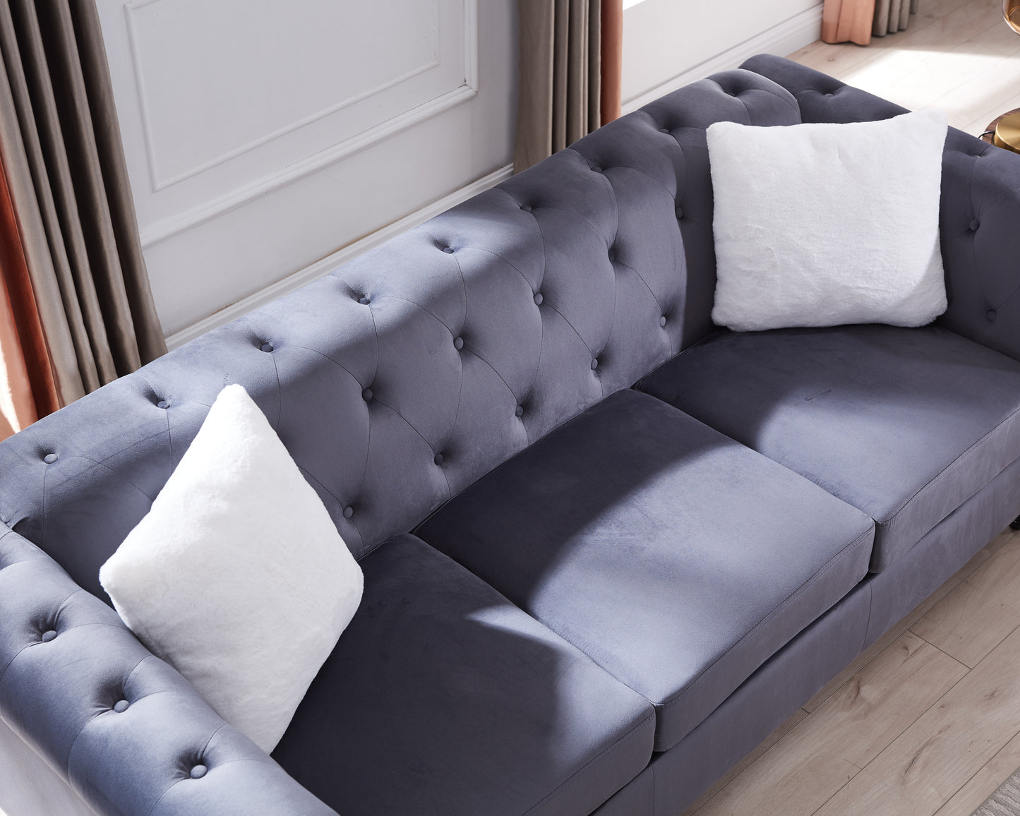 Sofa Chair, with Button and Copper nNail on Arms and Back, One White Villose Pillow, Velvet Grey (38"x34.5"x30")