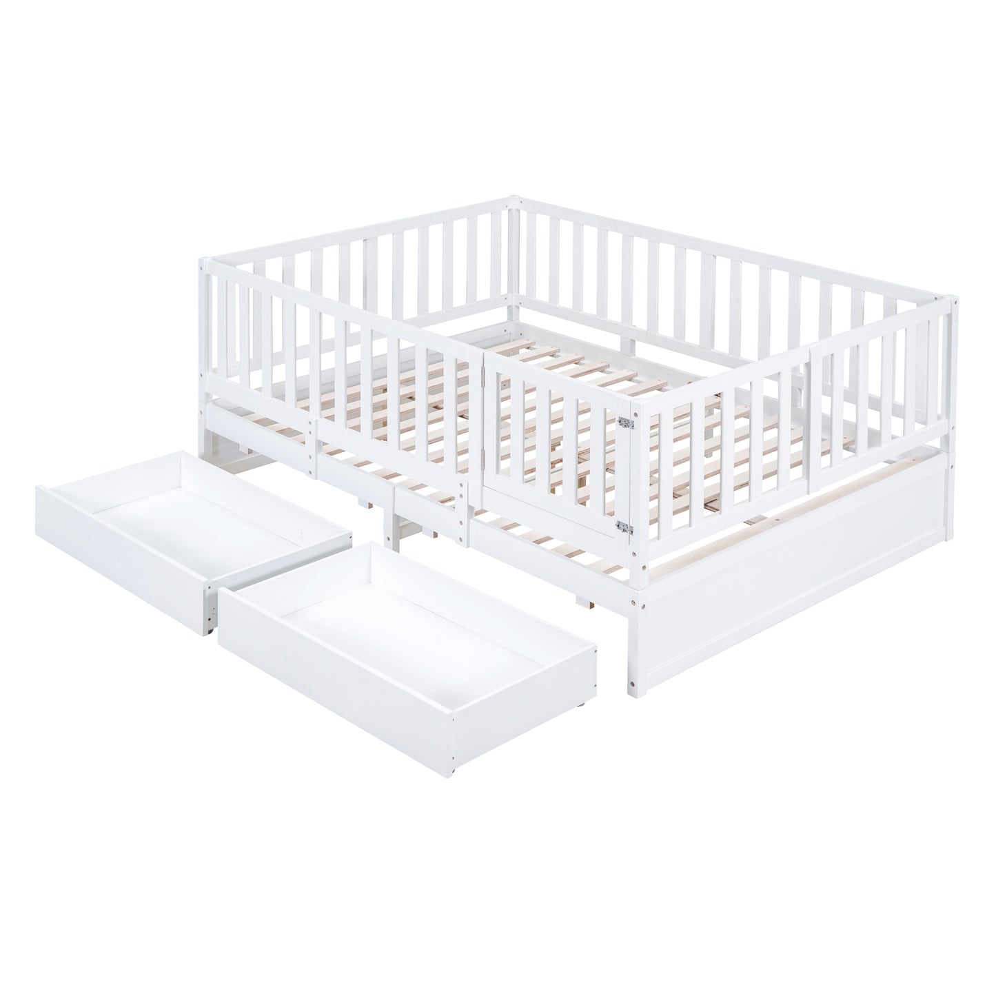 Full Size Wood Daybed with Fence Guardrails and 2 Drawers, Split into Independent Floor Bed & Daybed, White