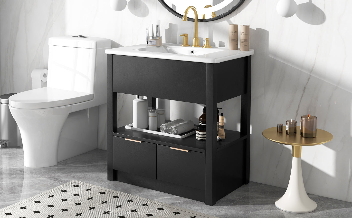 30" Bathroom Vanity with Sink Top, Bathroom Cabinet with Open Storage Shelf and Two Drawers, One Package, Black