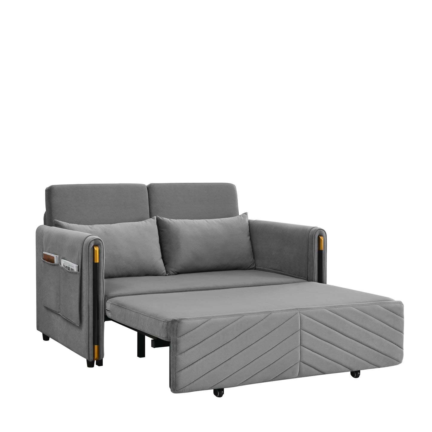 MH 54" Modern Convertible Sofa Bed with 2 Detachable Arm Pockets, Velvet Loveseat Multi-position adjustable Sofa with Pull Out Bed with Bedhead, 2 Pillows and Living Room, Grey